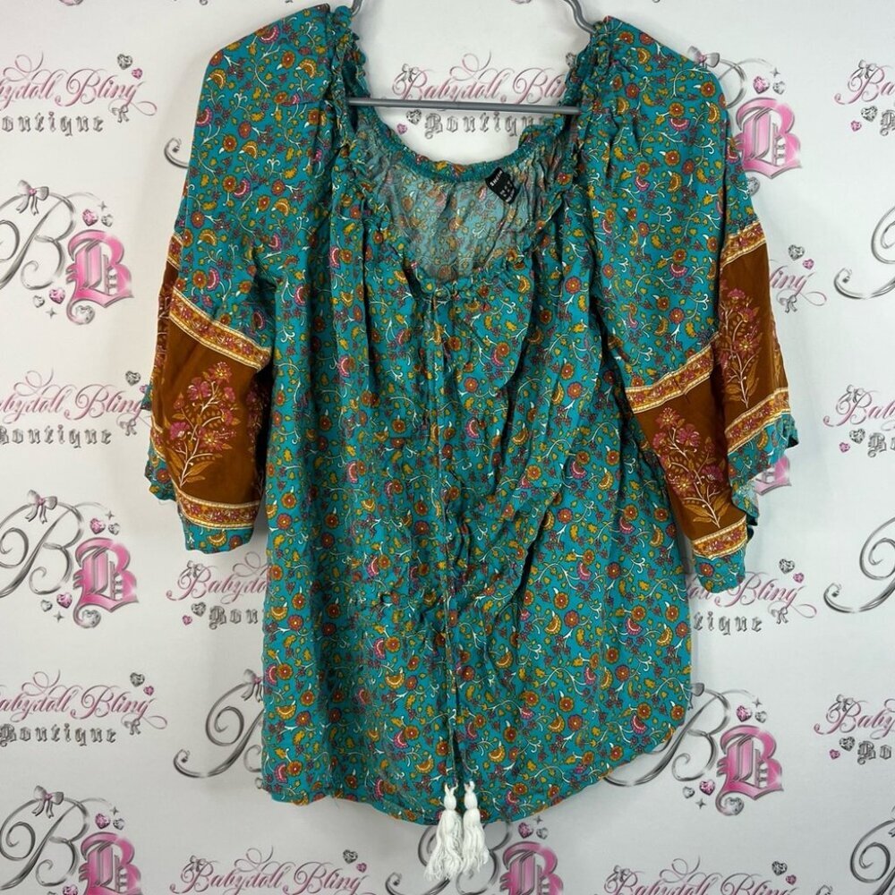 SHEIN top shirt paisley boho floral flowers Teal and Brown Floral Blouse